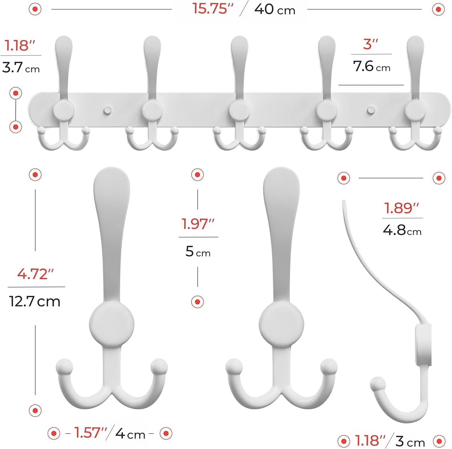 Coat Rack Wall Mount with 5 Tri Hooks, Stainless Steel 16 Inch – White Matte Finish, Heavy Duty Wall Mounted Hook Rack for Coats, Hats, Towels, Scarves, Robes, Bags, Entryway & Bathroom