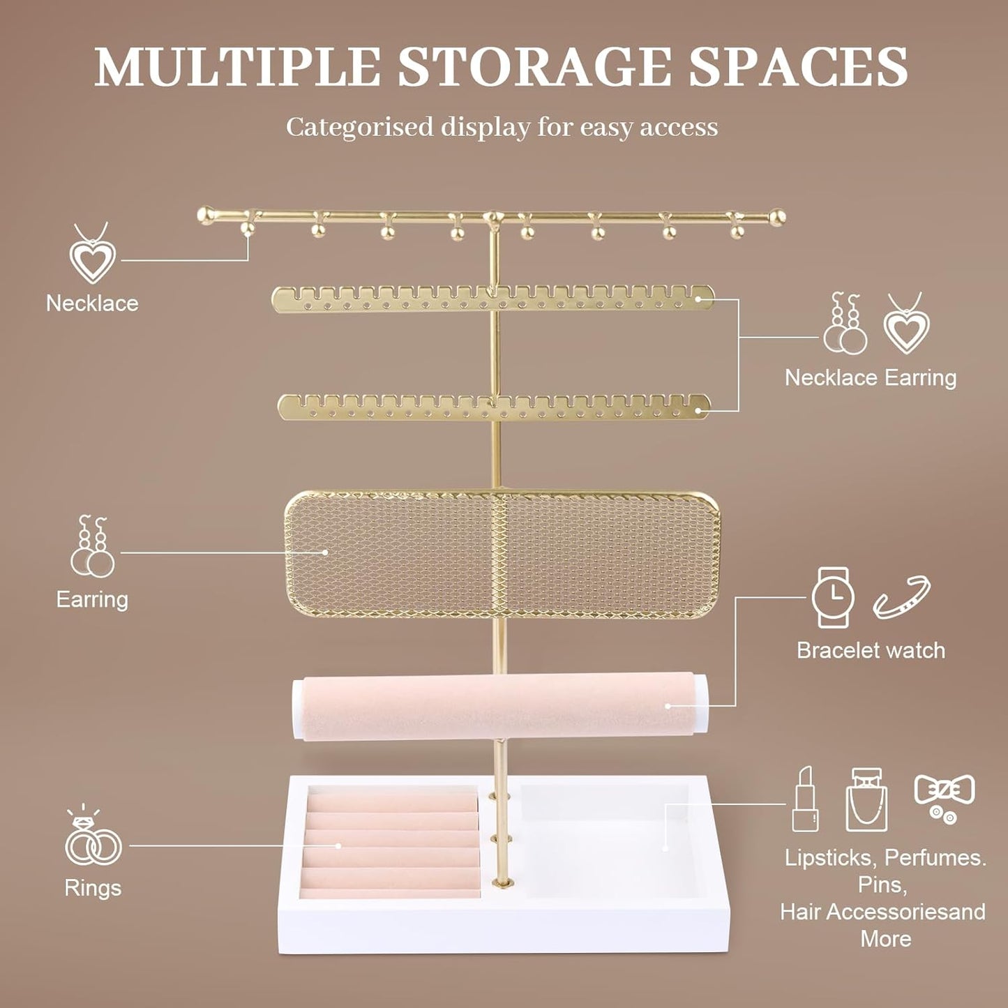 Hyber&Cara 3 Tier Jewelry Display Stand with Tray Jewelry Organizer Gold Jewelry Holder Stand for Bracelet Necklace Earrings Rings