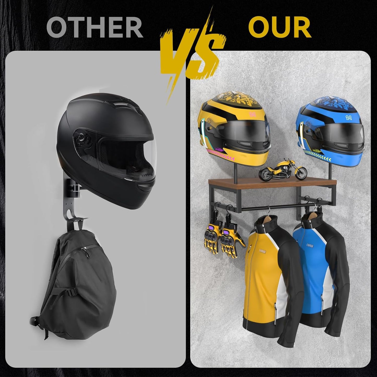 BORISI Helmet Holder Wall Mount, Motorcycle Helmet Holder, Helmet Stand with Motorcycle Accessories, Helmet Rack for Display Wall Mount, Motorcycle Gear Storage Rack