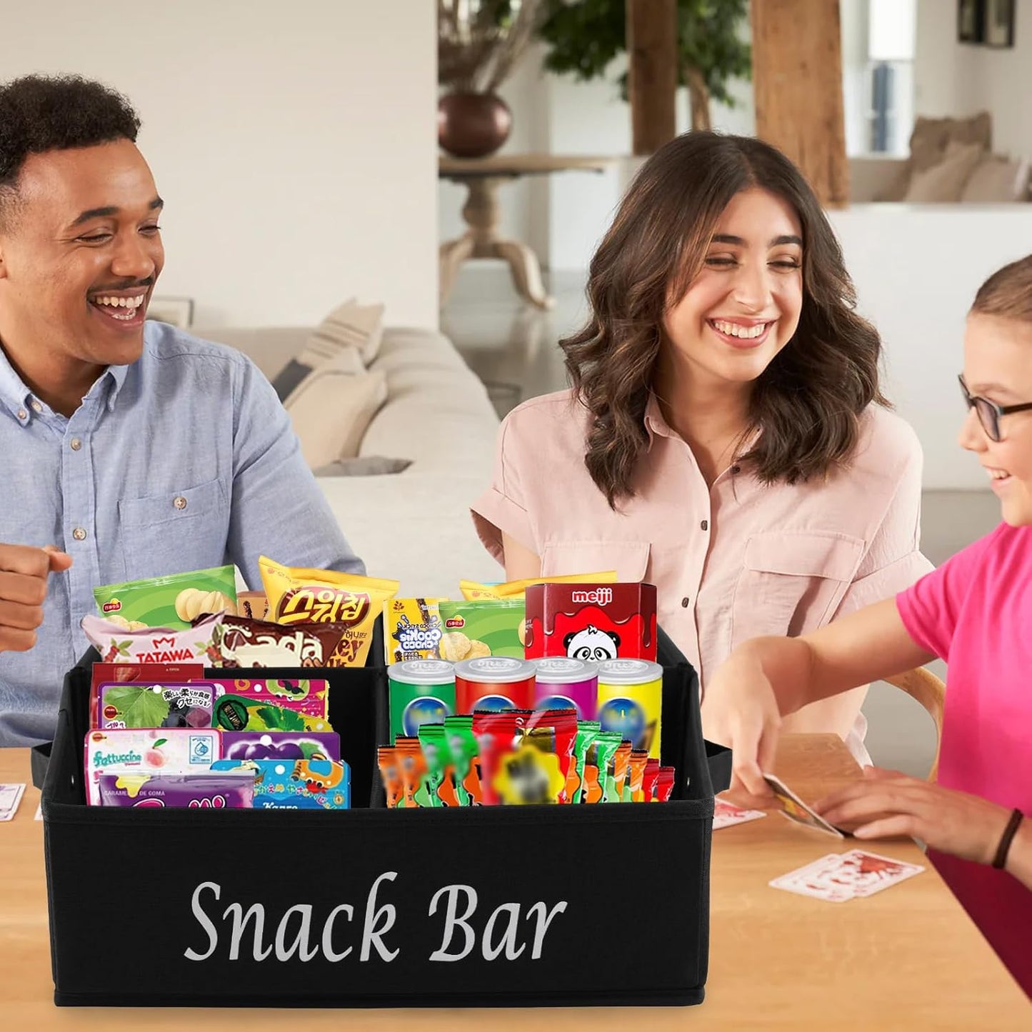 Snack Organizer for Countertop, Fabric Snack Basket with Handles, 4 Compartment Snack Box Container Snack Holder, Snack Bar Station Decor, Kitchen Cabinet Pantry Organizer and Storage, Black
