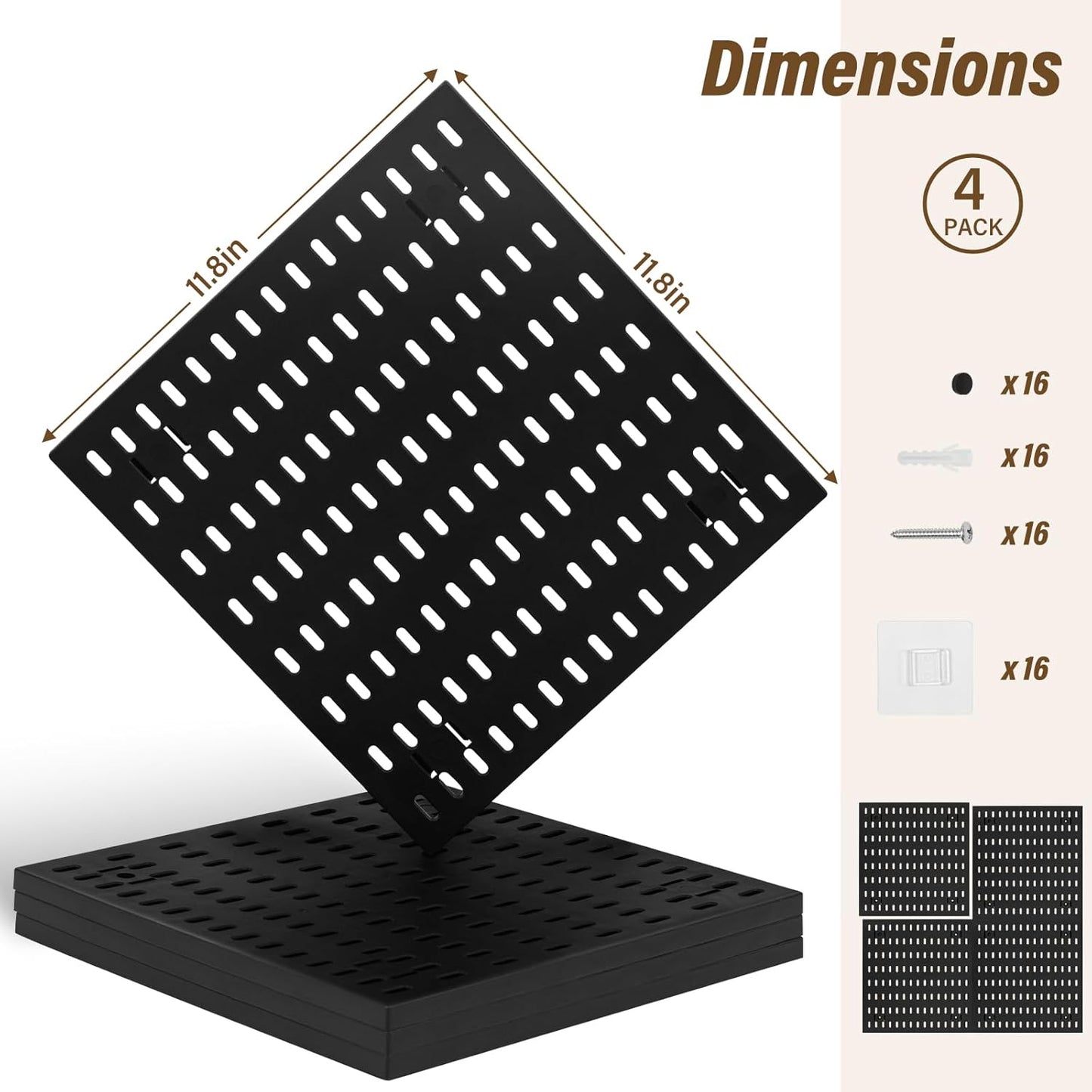 AKTOP Peg Board Wall Organizer 4-Pack – 12"x12" Black Pegboard Panels for Walls, Plastic Desk Wall Mount Tool Organization for Home, Office, Garage Tool Storage & Craft Room
