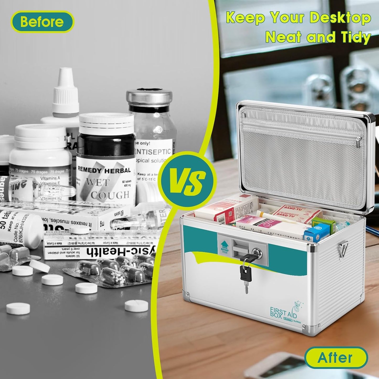 Glosen Medicine Lock Box,locking medicine box, Security Lock Boxes【Large 14x8.5x7.5 Inches with removable storage pocket】 lock box, First Aid Key Safe Box for Medication
