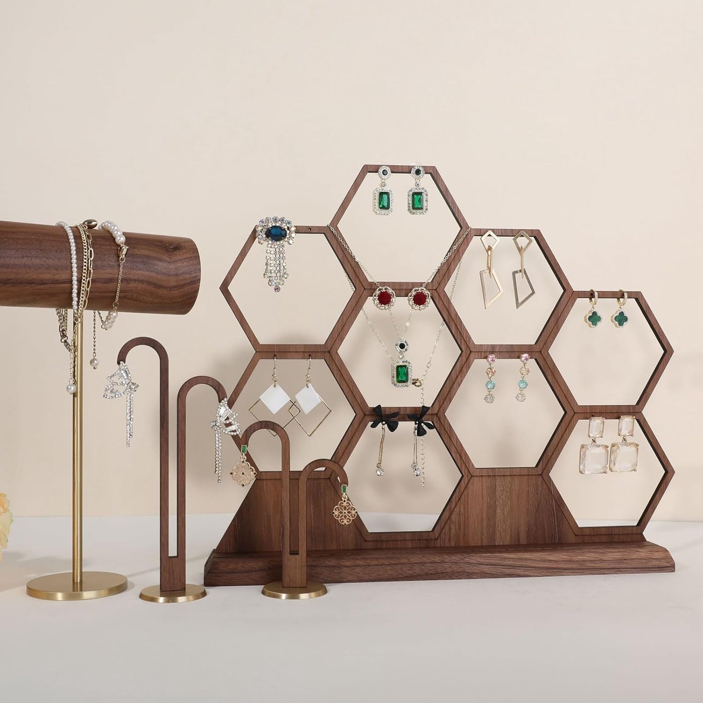 GemeShou hexagonal jewelry earring display stands for selling, wooden necklace jewelry organizer hanging, walnut earring hanger dangle holder for show, home decor【Jewelry shelf-Hexagon】