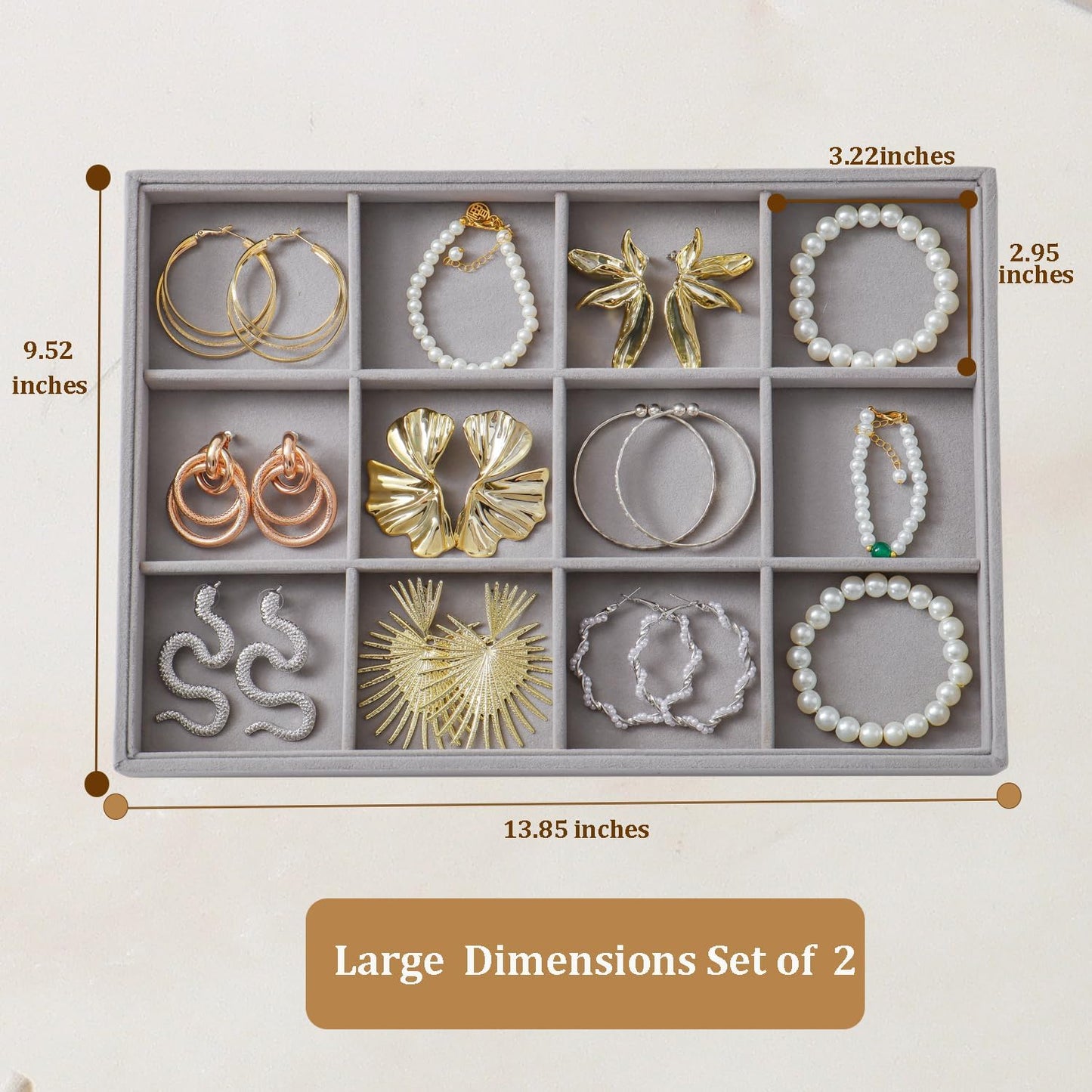 Large Velvet Jewelry Tray 2 Pack Stackable Jewelry Display Drawer Inserts Trays Organizer for Earring Bracelet Necklace Ring (Gray, 12 Grids)