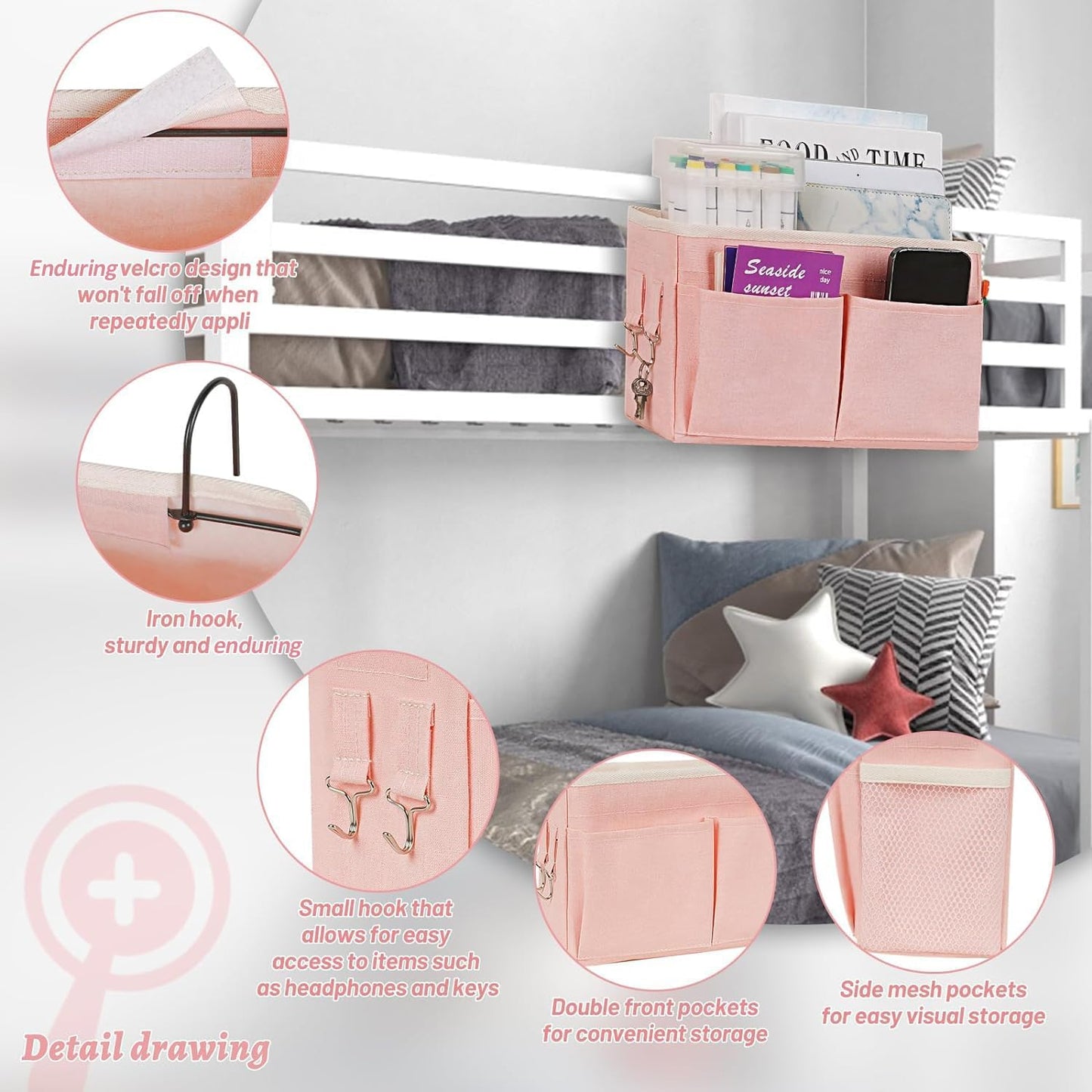 Bedside Caddy Hanging Storage with Water Bottle Holder for Bunk Bed Hospital Bed Dorm Rooms (Pink)