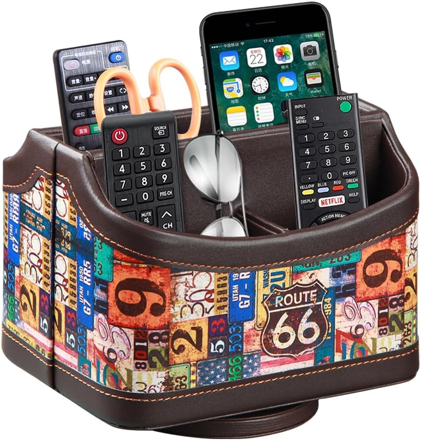 PUSU Remote Control Holder, Colorful Pattern Nightstand TV Caddy, PU Leather 360 Degrees Rotatable Desktop Organizer Storage Box for TV Remotes/Media Controllers/Office Supplies