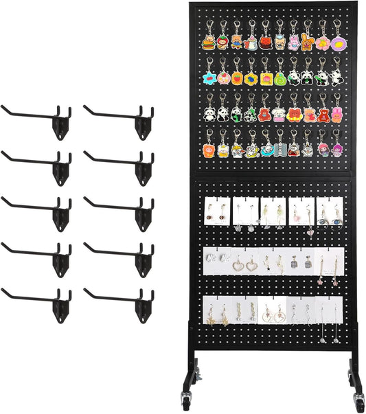 2'x 5' Standing Pegboard Display with T-Base, Pegboard Display Stand with Wheels, Metal Peg Board Display Rack, Art Display Stand, Extra 10 Pieces Hooks - Black