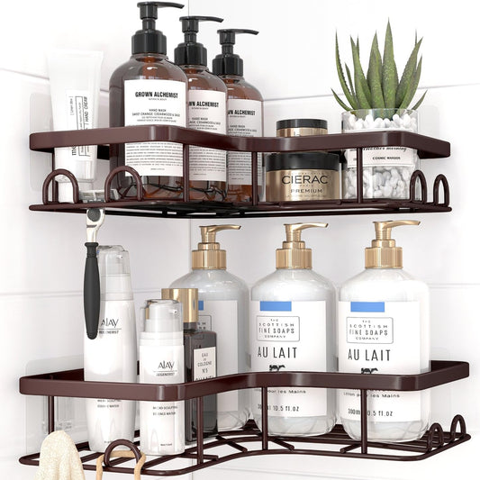 Corner Shower Caddy - 2 Pack, Adhesive Shower Organizers, Rustproof Stainless Steel Shower Shelves with 8 Hooks, No Drilling Bathroom Organizers and Storage Racks, Space-Saving, Brown, Medium