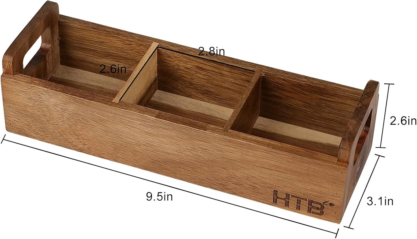 HTB Small Wooden Tea Bag Box 2PCS, 3 Compartments Acacia Wood Tea Bag Chest with Handle, Mini Countertop Divided Storage Container for Beverage Supplies, Sugar, Sweeteners, Individual Packets