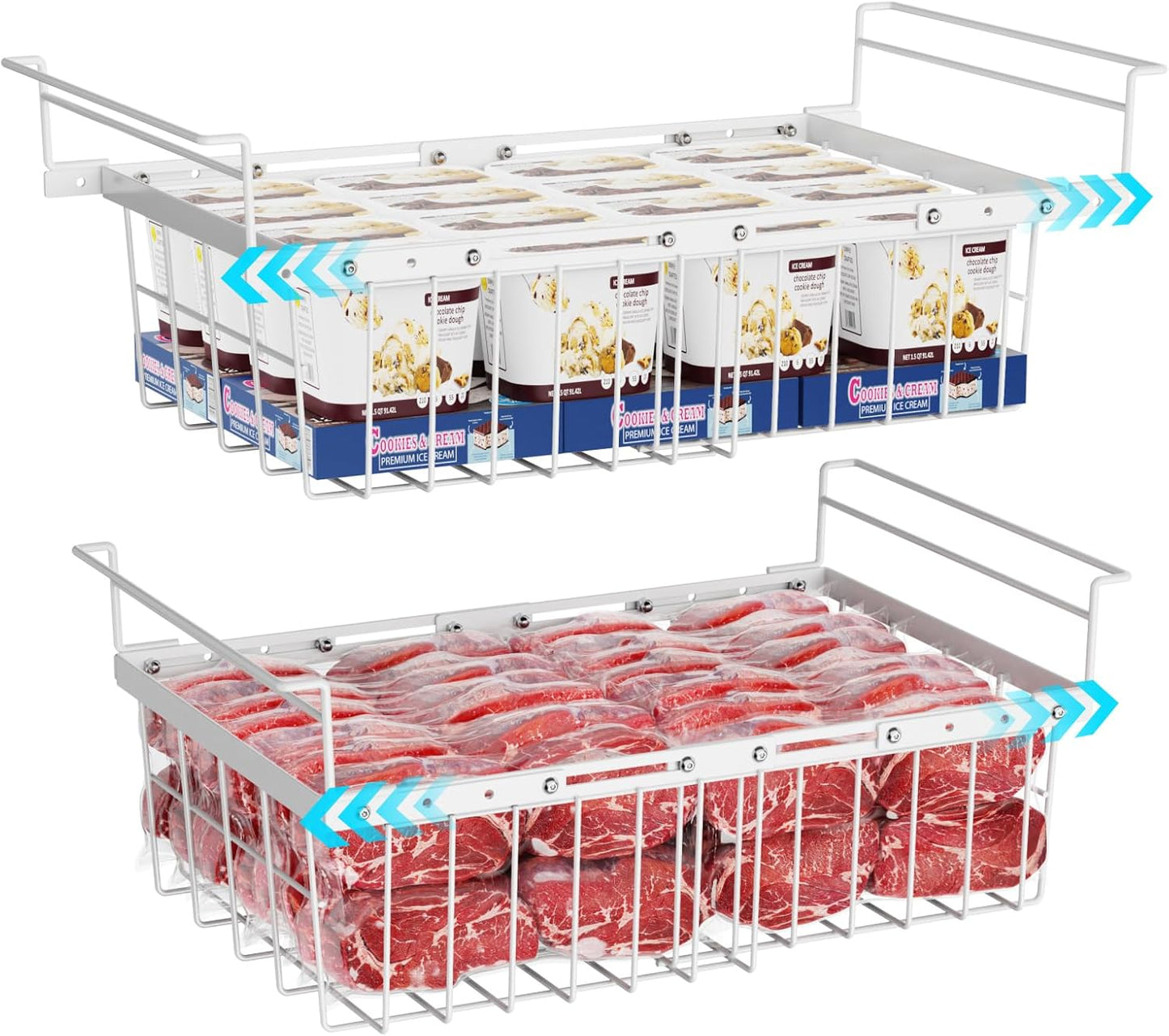 iSPECLE Chest Freezer Organizer - 2 Pack Hanging Freezer Organizer Bins with Expandable Handle for 10 to 20 Cu.Ft, Sort and Easy Slide to Get Bottom Frozen Food, Sturdy Baskets, White