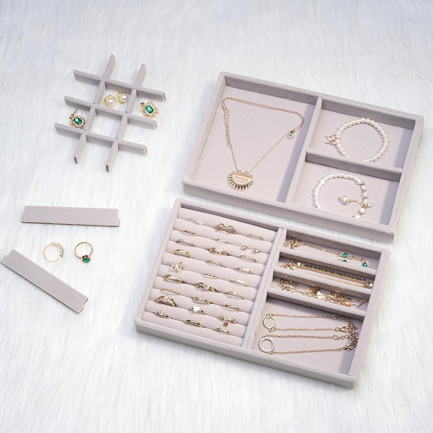 ProCase Stackable Jewelry Organizer Trays for Drawers, Jewelry Drawer Inserts Container Display Case Storage for Earring Necklace Rings Bracelet with Removable Dividers -Grey, 2 Layers