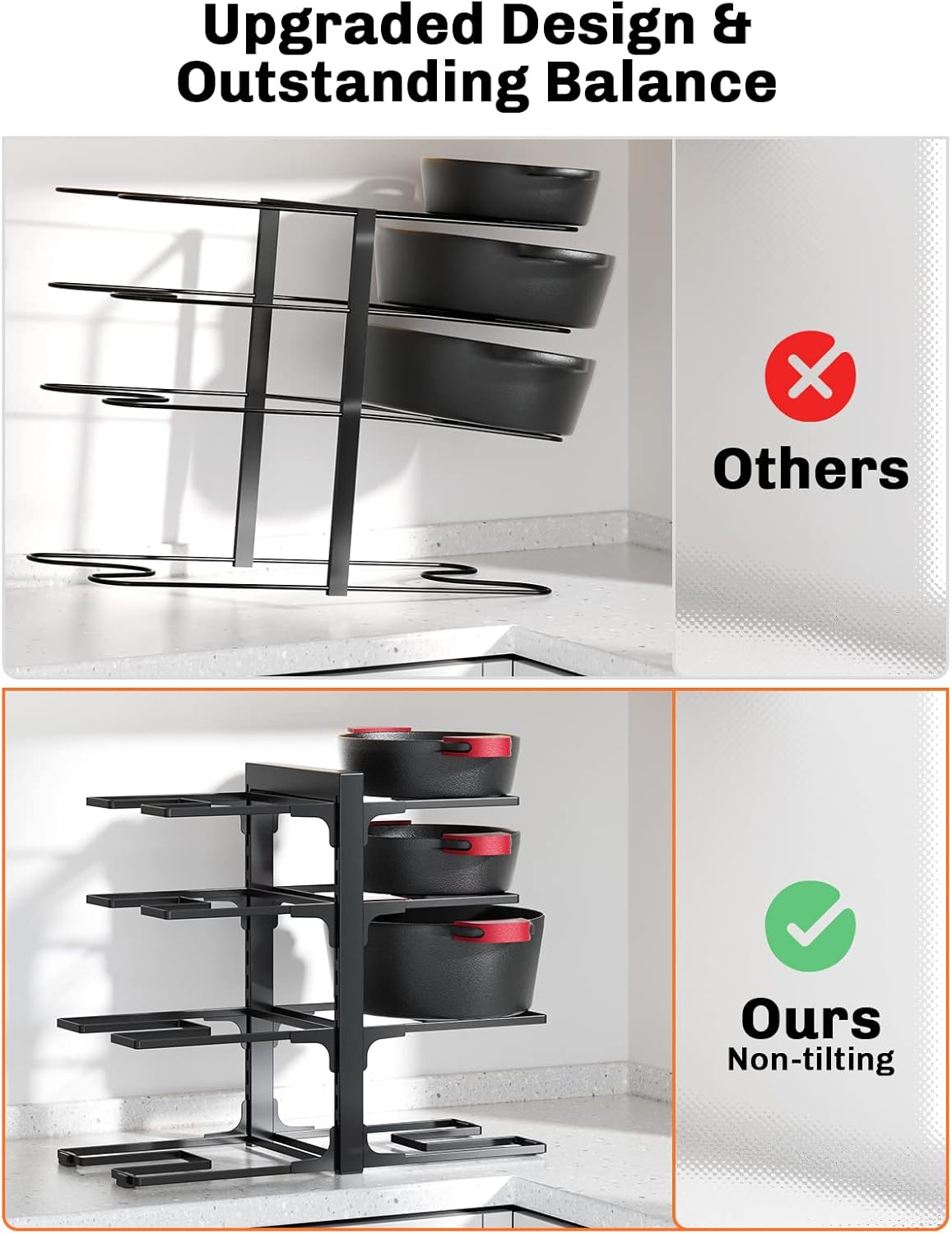 MUDEELA 8-Tier Pots and Pans Organizer under Cabinet, 15.83" Height Heavy Duty Pot Pan Organizer Kitchen Cabinet Organization and Storage, Adjustable Pot Rack for Frying Pan, Cast Iron Skillet, Black