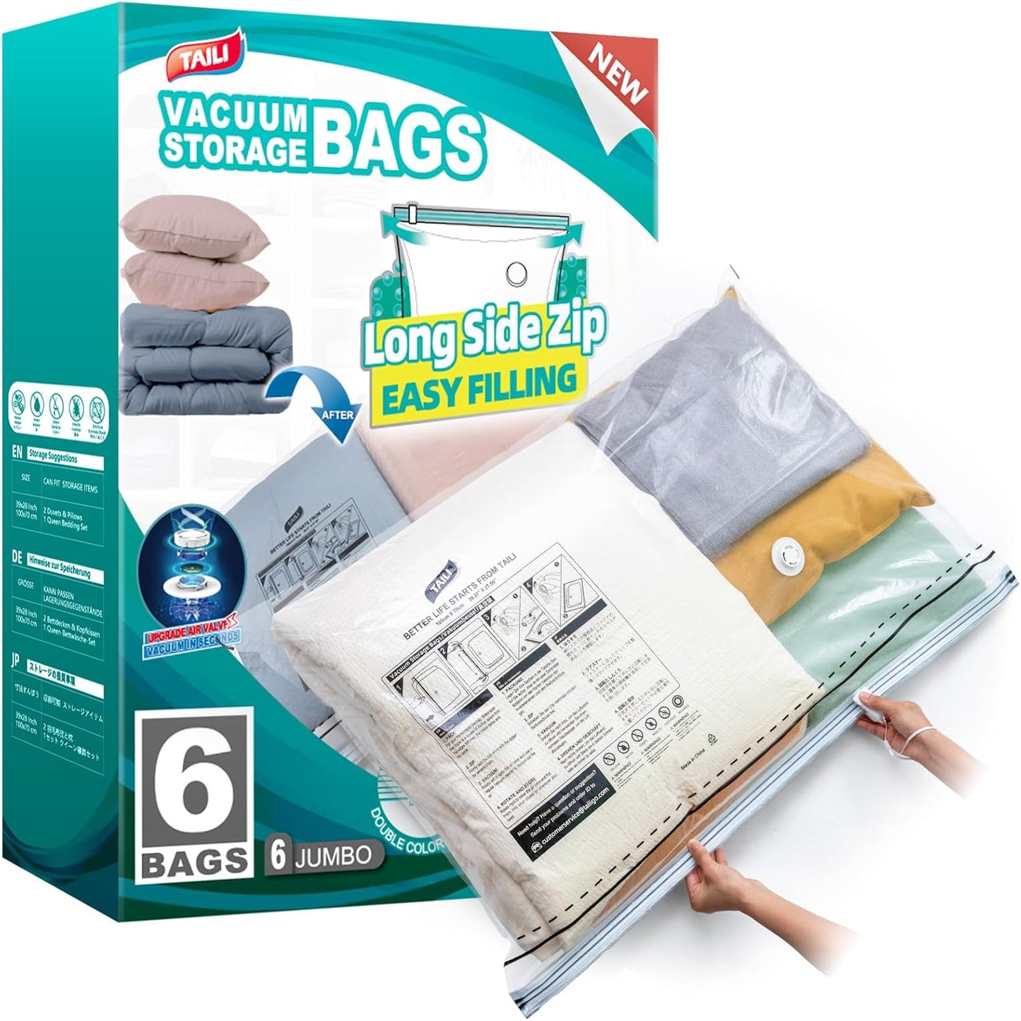 TAILI 6 Pack Vacuum Storage Bags, LONG SIDE ZIP (39x28 inch), Vacuum Seal Bags for Clothing, Jumbo Storage Space Saver for Beddings, Comforters, Blanket, Pillows and Clothes