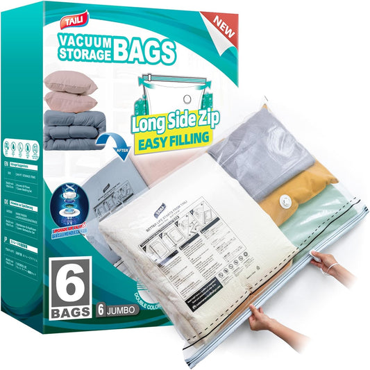 TAILI 6 Pack Vacuum Storage Bags, LONG SIDE ZIP (39x28 inch), Vacuum Seal Bags for Clothing, Jumbo Storage Space Saver for Beddings, Comforters, Blanket, Pillows and Clothes