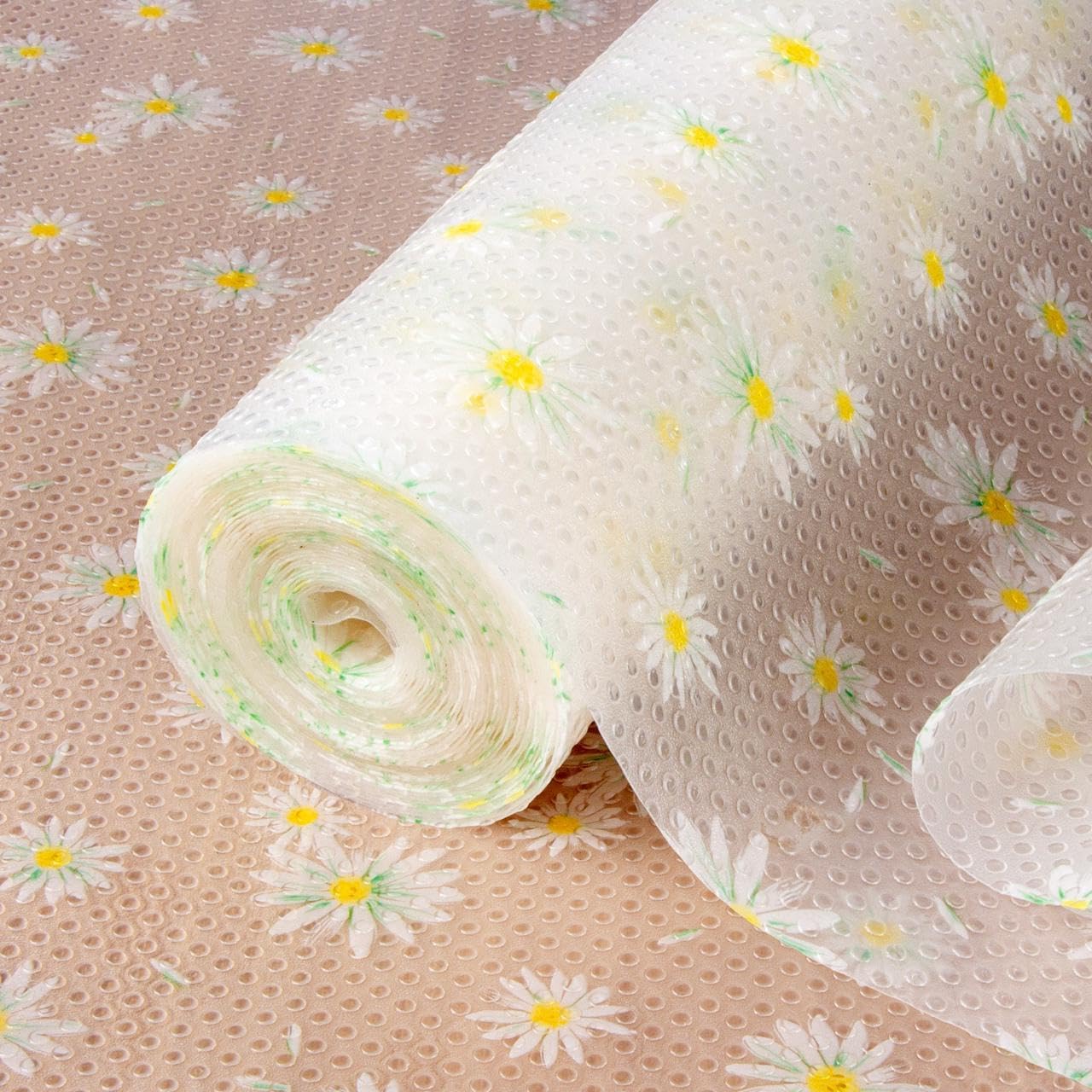 FEXIA Shelf Liner 17.5 Inch x 20 FT Daisy Non Slip Waterproof Cabinet and Drawer Liner for Kitchen Cabinet Refrigerator Pantry Closet Durable Non Adhesive