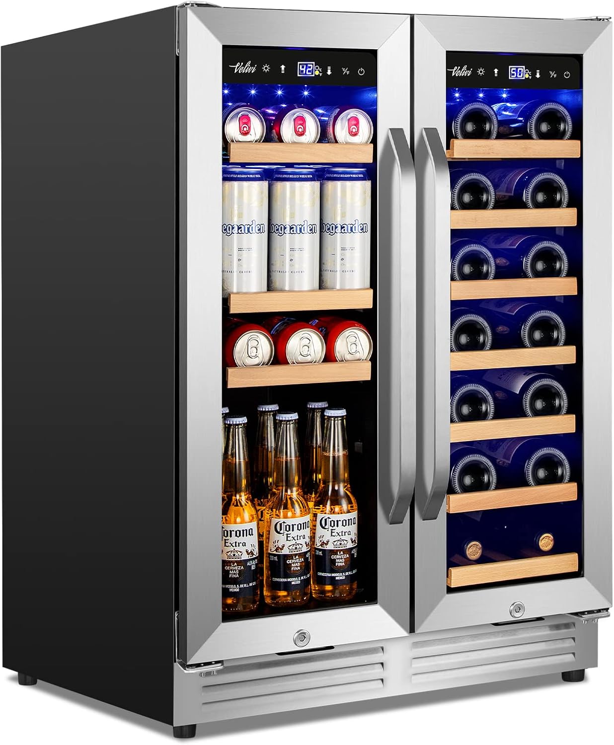 24-Inch Dual Zone Wine and Beverage Refrigerator with Glass Door & Lock- Freestanding/Under Counter Wine Cooler with Large Capacity Drink Fridge for Beer Soda, Fast Cooling