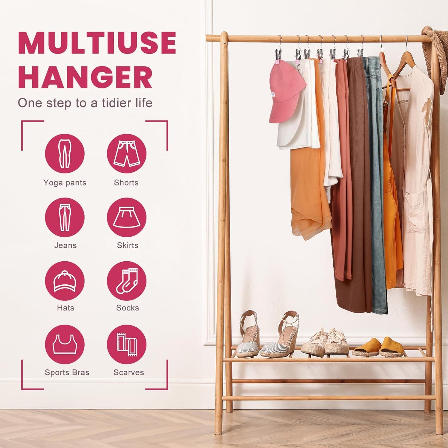 30 Pack Pants Hangers with Clip,Legging Organizer for Closet Hanging, Space Saving Yoga Pants Hangers Clip Hanger Wardrobe Organization,Closet Organizers and Storage for Jeans,Shorts,Skirts,Hats-Pink