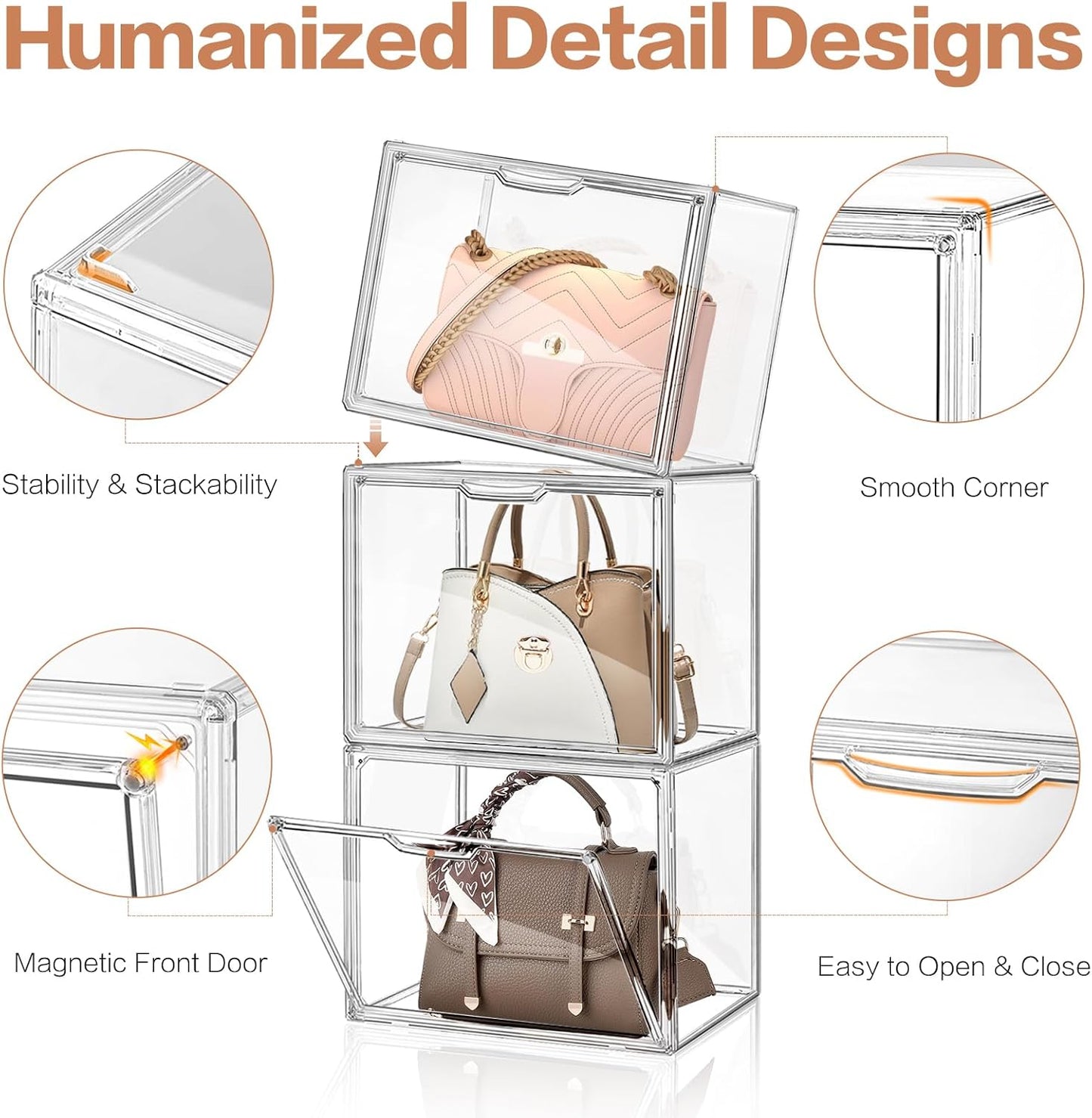 3 Packs Clear Handbag Storage Organizer for Closet, Acrylic Display Case for Purse Handbag, Stackable Purse Organizer Storage Box with Magnetic Lids for Wallet Book Collectibles