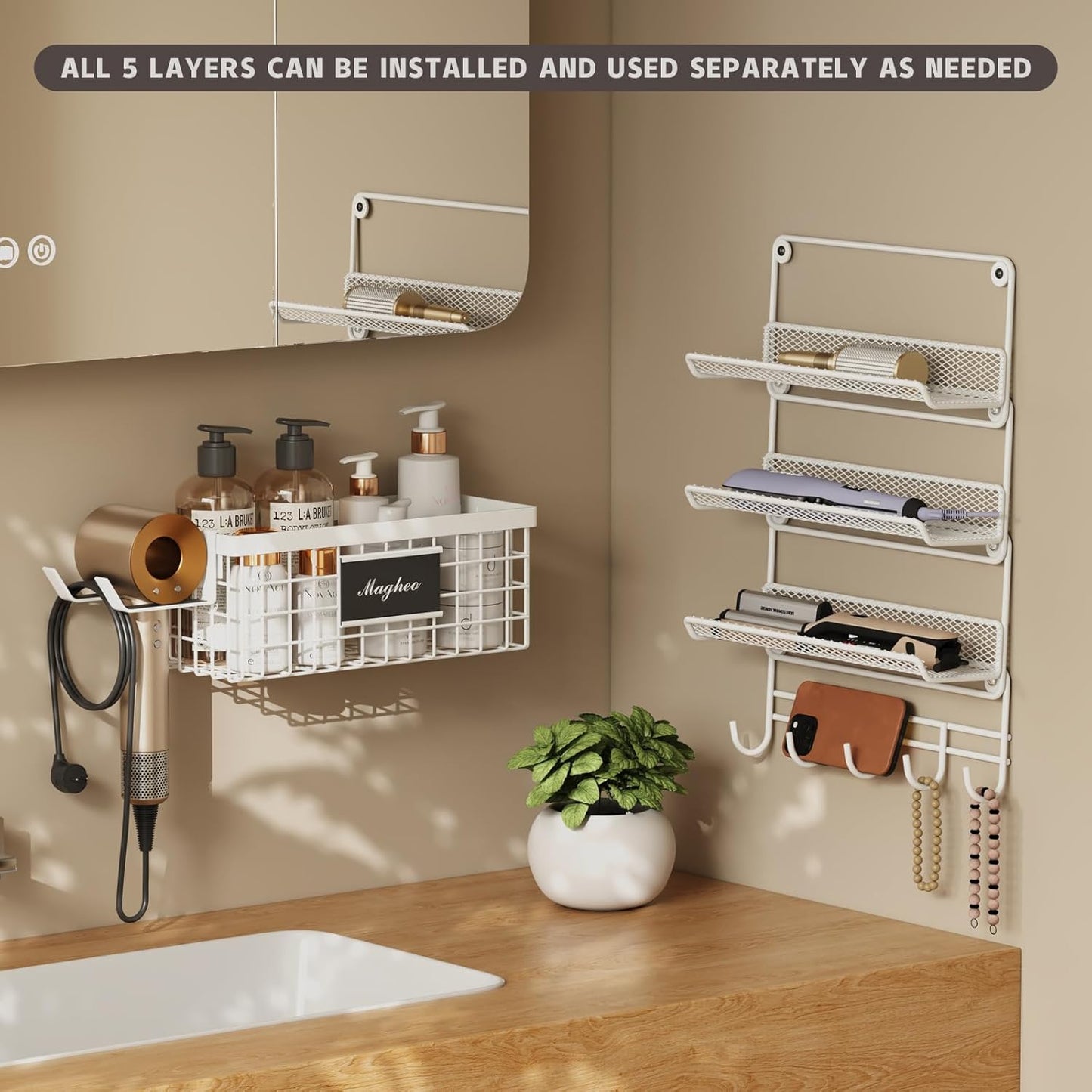 Hair Dryer Holder Wall Mounted, Adheisve Hair Styling Tool Organizer for hair Brush/Appliance Wall Mount with 5 Tier Shelf Basket Hooks Blow Dryer and Straightener Holder for Bathroom(White)