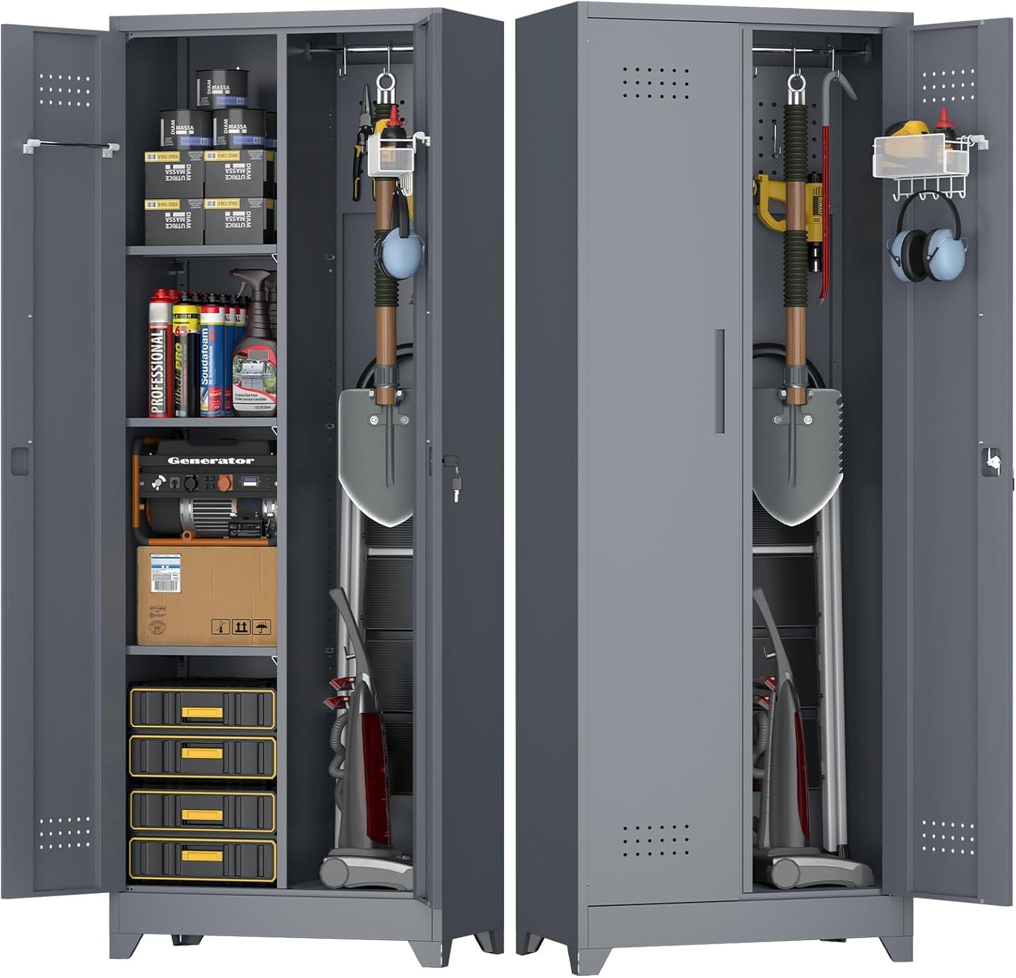 Broom Closet Storage Cabinet, Steel Locking Cabinet with Hanging Rod, 65" Cleaning Storage with Doors and Hooks, Tall Broom Tool Cabinets for Office, Garage