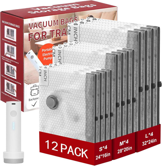 Rechargeable Wireless Pump Travel Storage Bags Set, 12 Combo (4S/4M/4L) Portable Space Saver Bags for Travel & Home, Vacuum Compression Packing Seal for Clothes, Blankets, Home Seasonal Storage