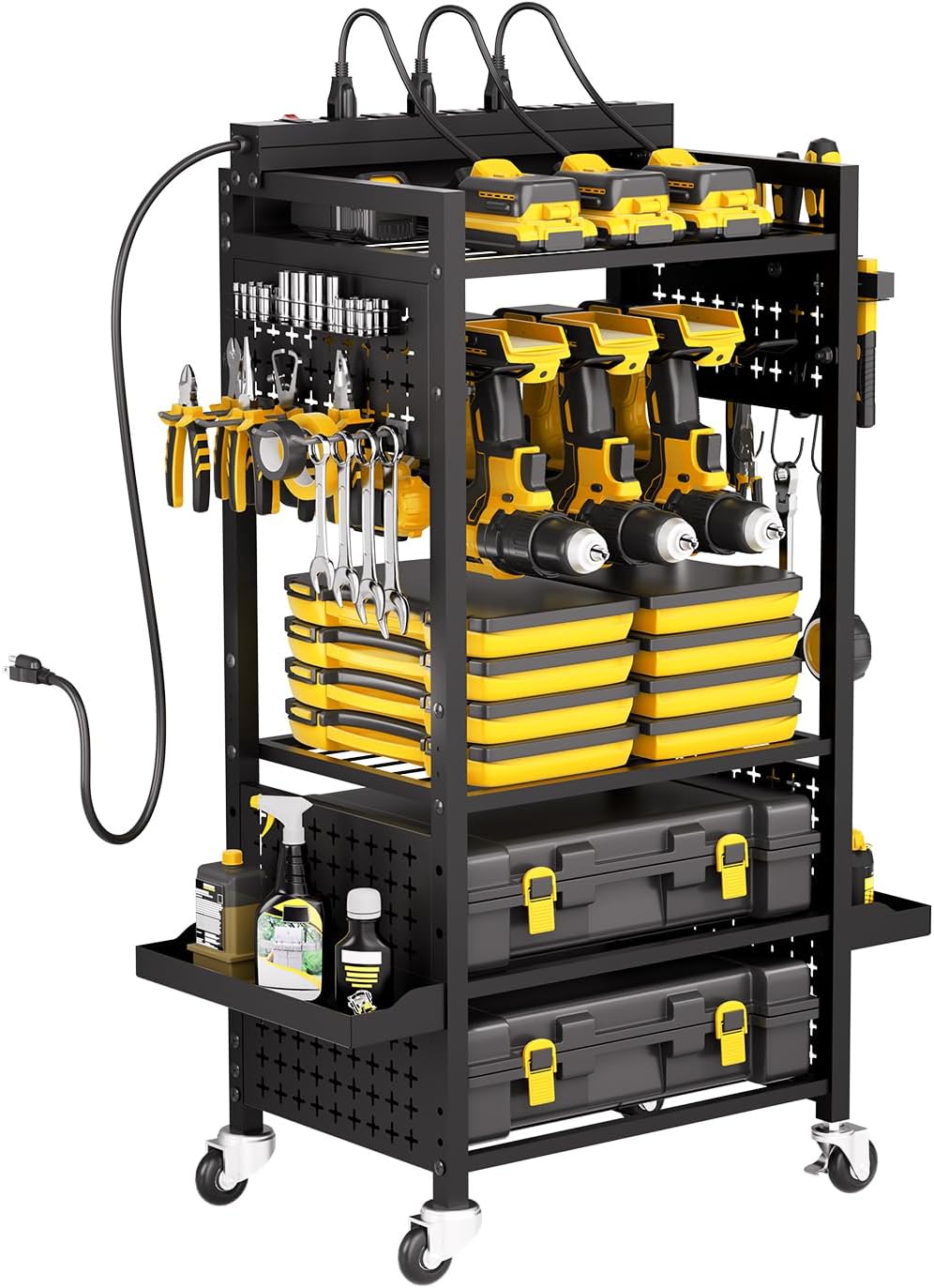 VEVOR 5-Tier Tool Organizer Cart with Charging Station, 8 AC Outlet, Floor Stand Rolling Drill Holder and Tool Battery Storage Rack on Wheels, Garage Floor Rolling Storage Cart for Workshop, Garage