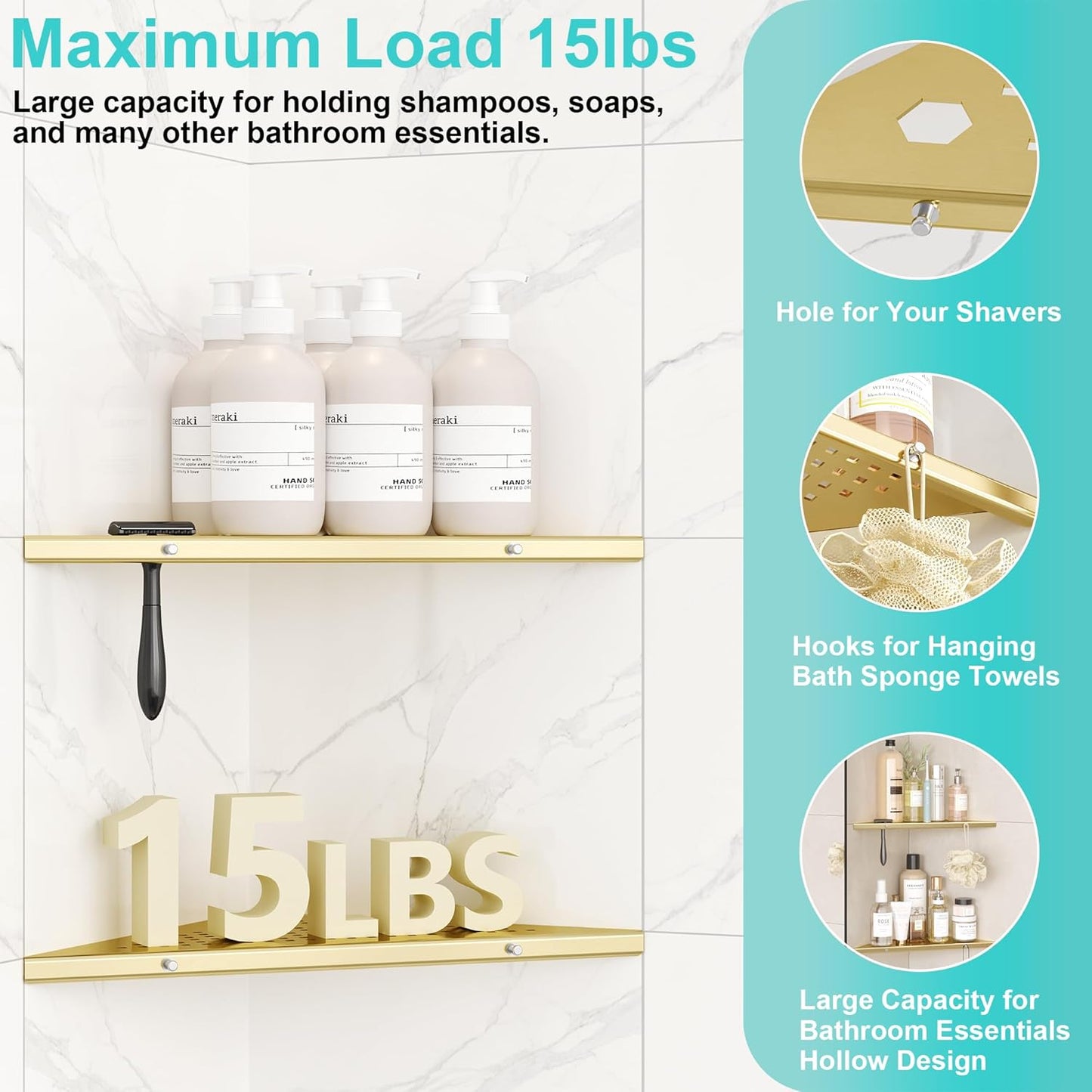 10" Bathroom Corner Shelf, 2 Pack Recessed Shower Shelf Caddy, SUS304 Stainless Steel Shelf Wall Mount Triangular, No Drilling Brushed Golden