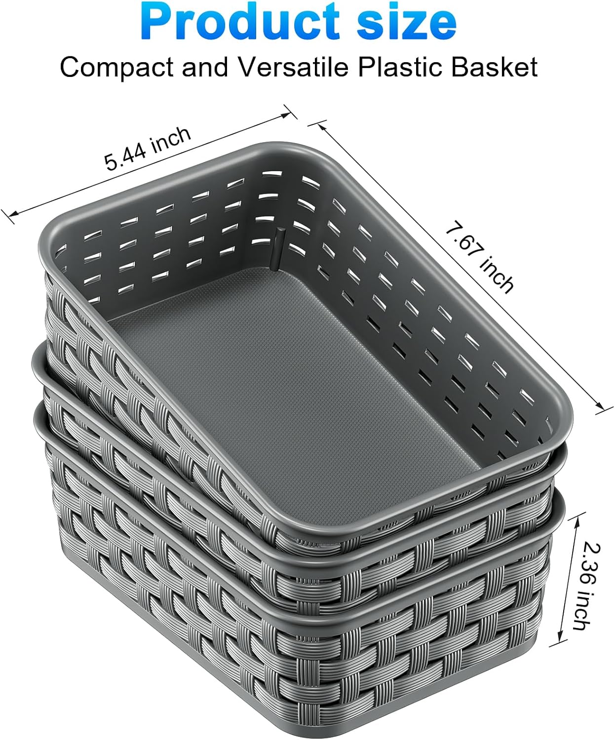 3 Pack Small Plastic Basket, Storage Bin Baskets for Organizing, Pantry Organizer Household Wicker Storage for Laundry Room, Bedrooms, Kitchens, Cabinets, Countertops, Dark Gray
