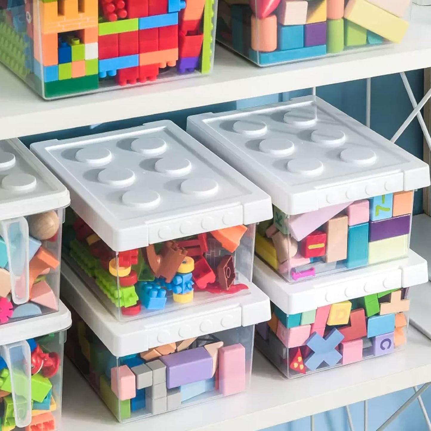 loobuu Plastic Storage Bins with Lids - Stackable Toy Storage Organizer Box Set of 2, Toy Chests with Compatible Building Baseplate and Lid, Storage Container for Building Bricks & Toys- White