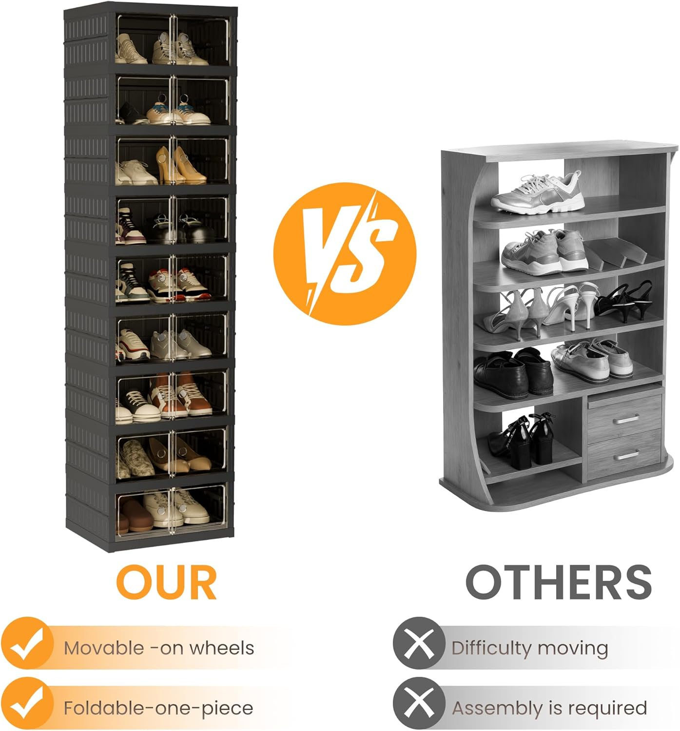 Foldable Shoe Organizer Storage Box Set of 2, Portable Extra Large Folding Shoe Rack for Closet, Shoe Storage Box with Magnetic Transparent Door and Wheels, 9 Layers 18 Grids
