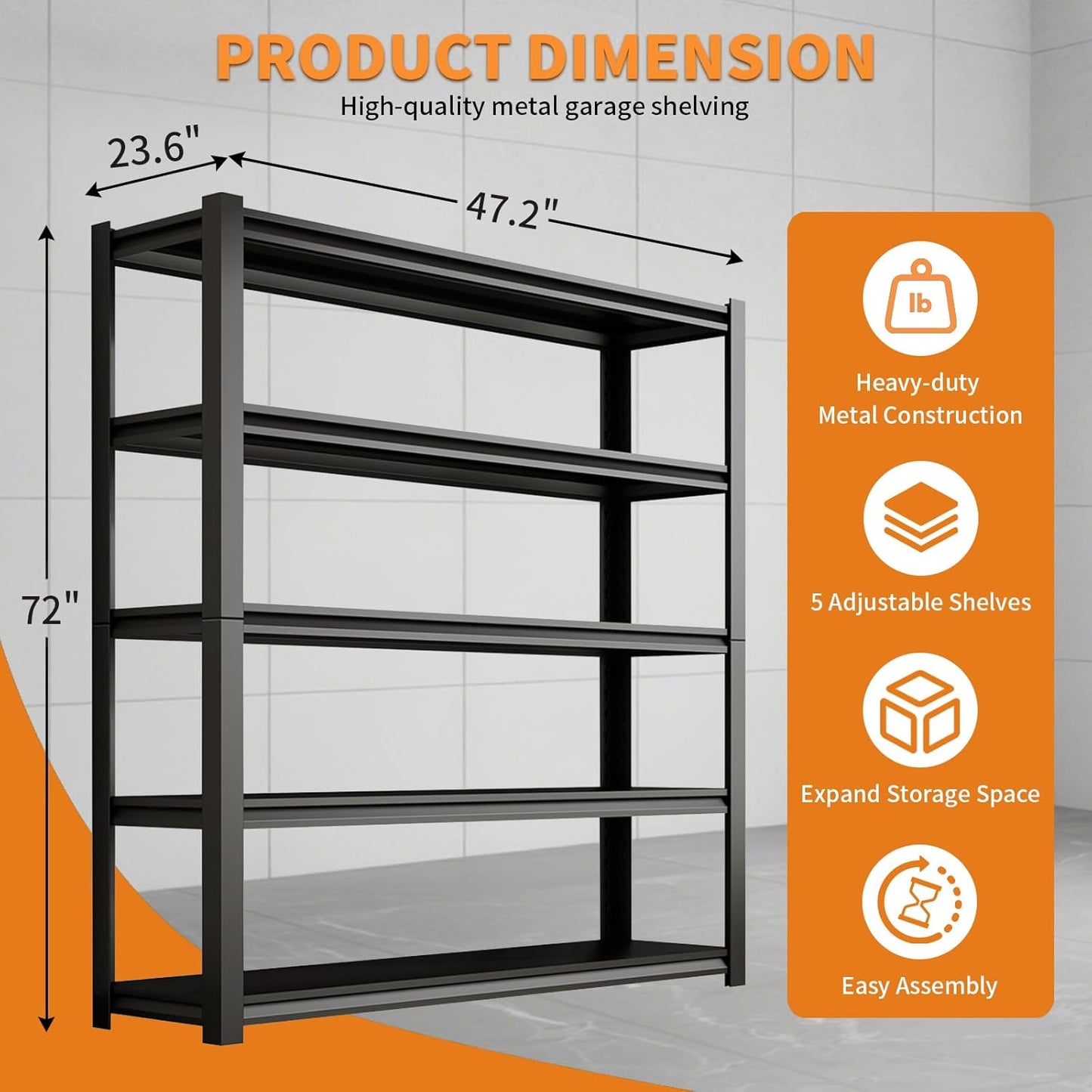 Dyoung 47.2" W Garage Storage Shelves Adjustable 5 Tier Metal Shelves Heavy Duty 2200LBS Capacity Industrial Shelving Units Rack for Warehouse Basement Garage, Black (23.6" D×47.2" W×72" H)