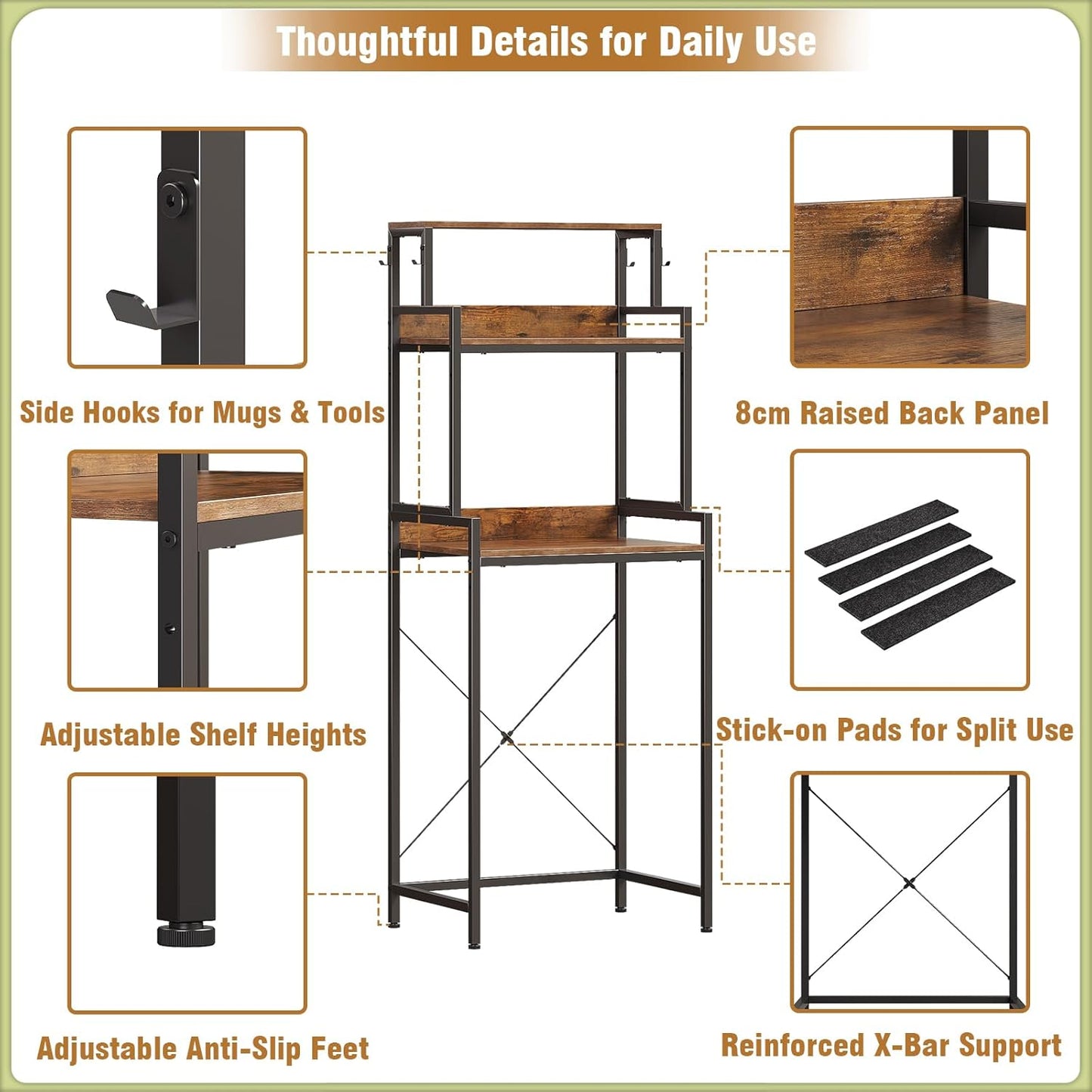 3-Tier Mini Fridge Stand Kitchen Bakers Rack with Adjustable Shelves, Freestanding Microwave Stand with Storage, Split Design Coffee Bar Shelf for Home Office Dorm (Rustic Brown, 25.6")