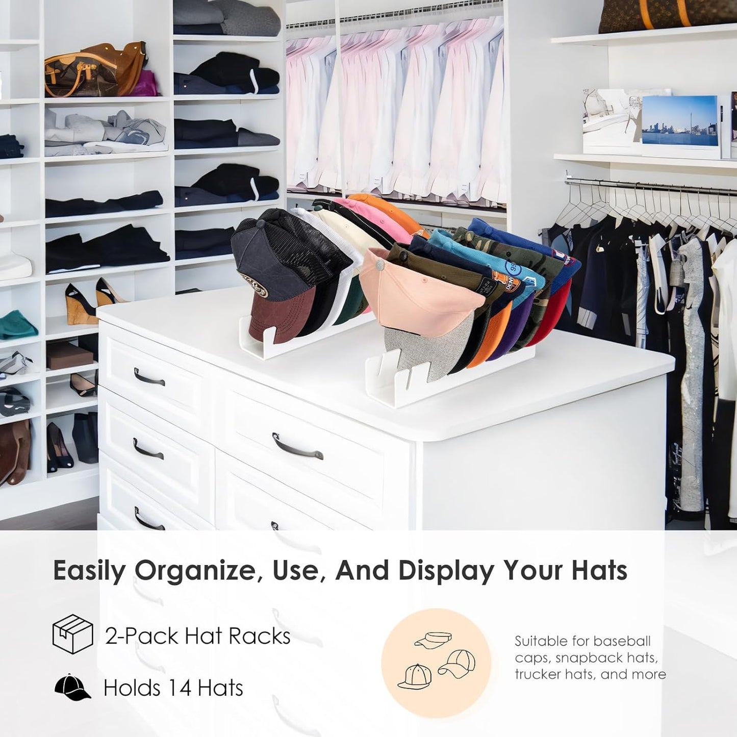 HAYVAN Hat Organizer for Baseball Caps 2024 New 2 PCS, No Install Acrylic Hat Holder for 14 Baseball Caps for Bedroom, Closet, Dresser (White)