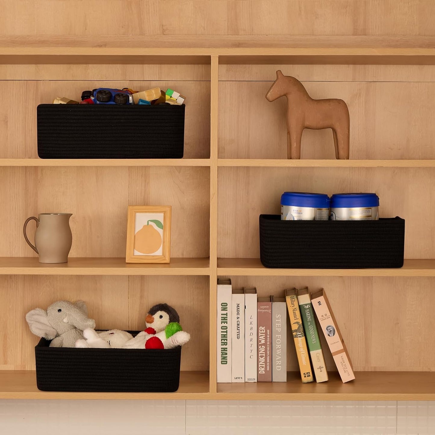 Large Shallow Organizing Baskets 15x11x5.1 Inches - Rope Woven Storage Bins for Bathroom, Shelves, Cube Closet, Black 3 Packs