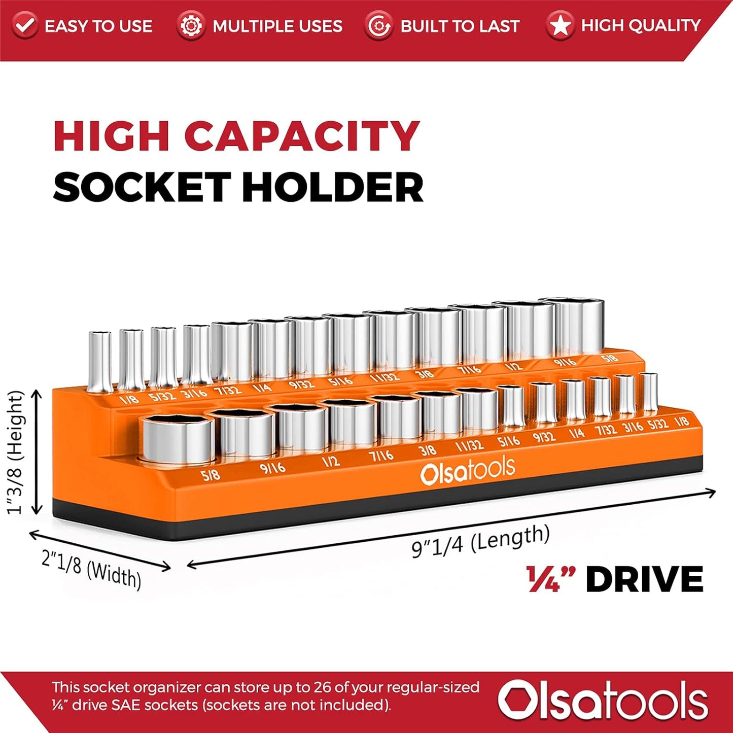 Olsa Tools Magnetic Socket Organizer | 1/4-inch Drive | SAE Orange | Holds 26 Sockets | Professional Quality Tools Organizer