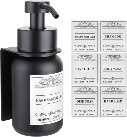 Black Glass Soap Dispenser Wall Mount for Bathroom with Pump and Drill-Free Holders - 8.5 Oz Hand Soap Dispenser, Shower Dispenser with Waterproof Labels