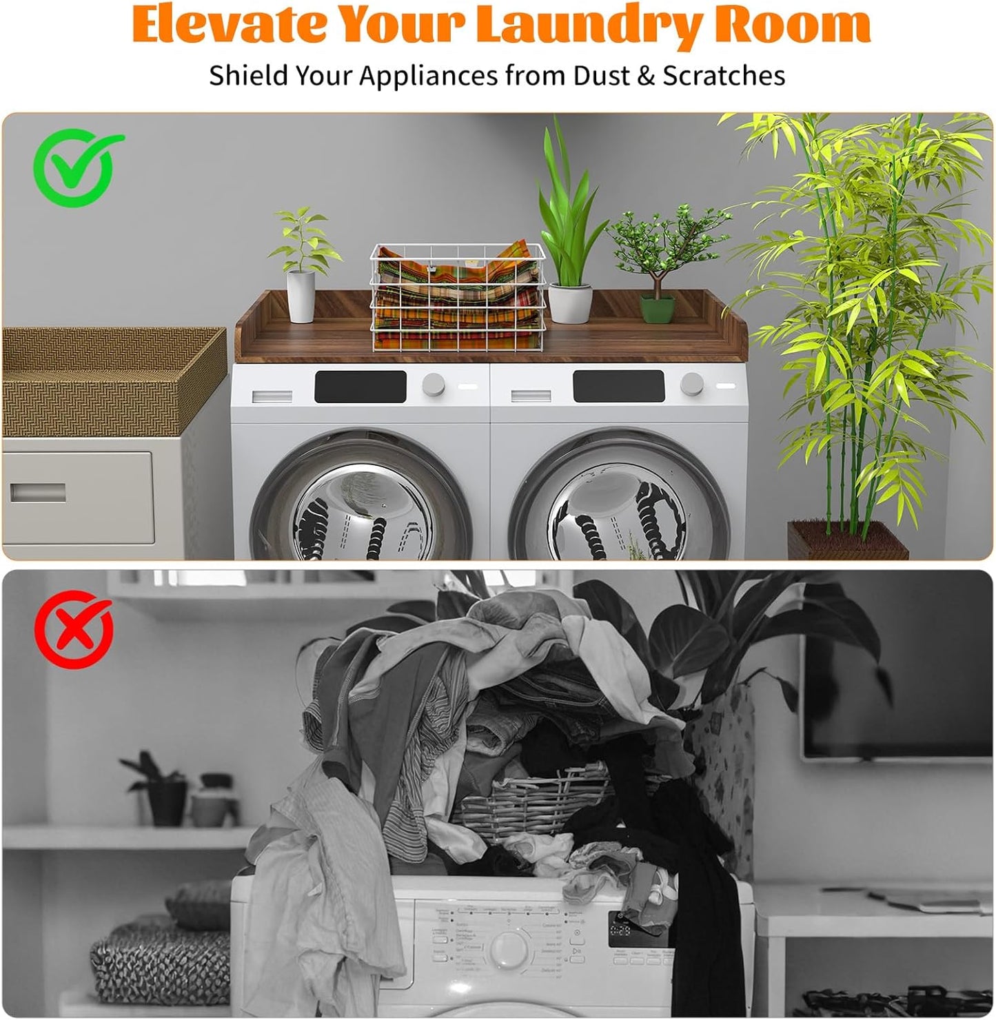 Washer Dryer Countertop, Laundry Room Wood Countertop with Edge, 54" x 27.5" Top Cover for Laundry Machine, Washer and Dryer Wood Shelf Topper for Laundry Room Counter Storage Organization, Walnut