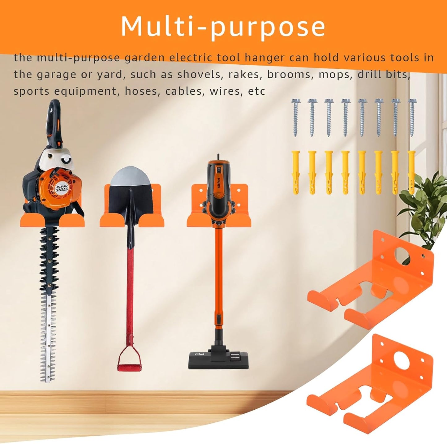Weeding Machine Wall Mounted Hanger, garage organization manager storage shed wall rack, suitable for Stihl electric tools, hedge trimmer, lawn mower, garage wall, garden trimmer hanger (2-piece set)