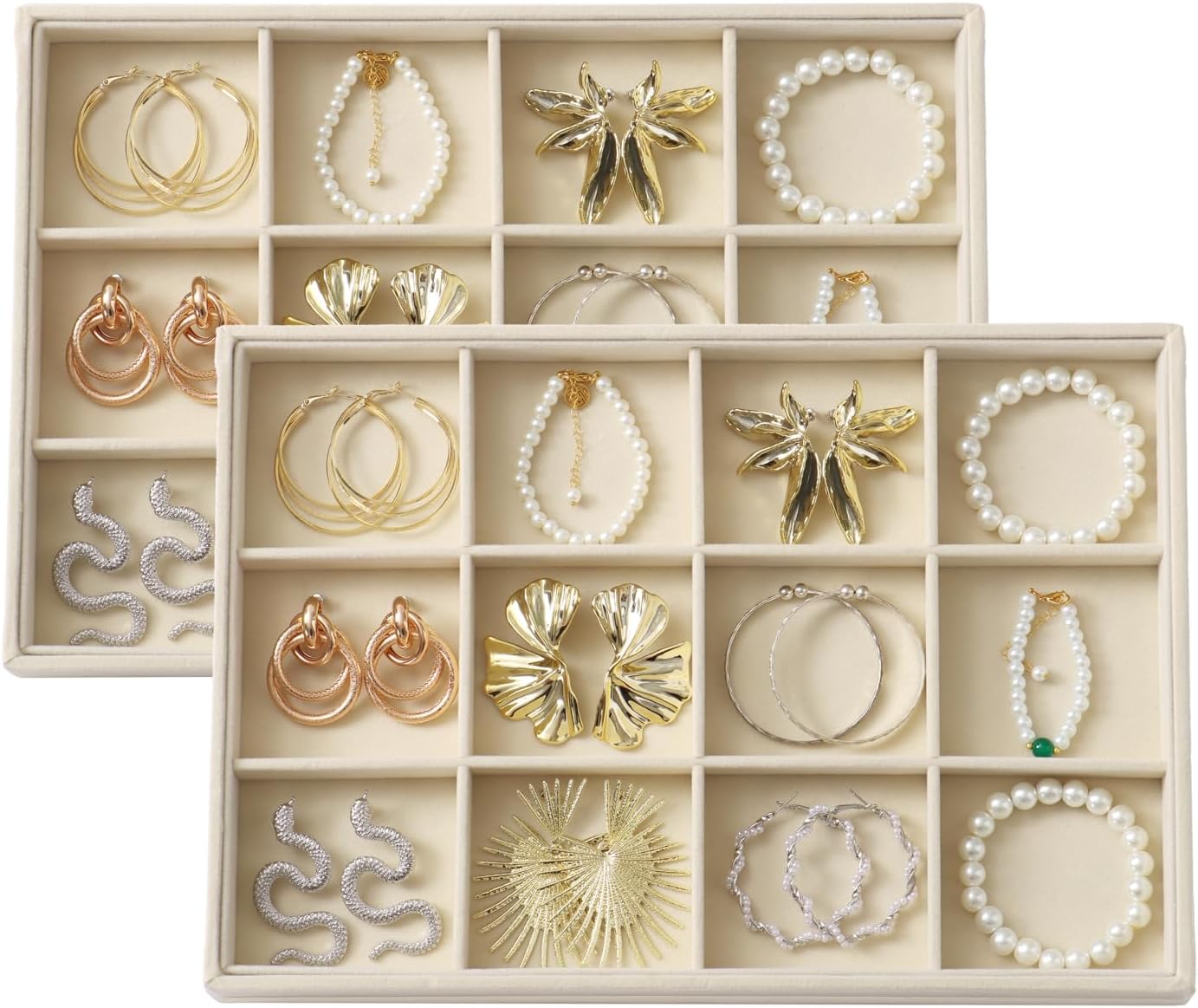 Large Velvet Jewelry Tray 2 Pack Stackable Jewelry Display Drawer Inserts Trays Organizer for Earring Bracelet Necklace Ring (Beige, 12 Grids)