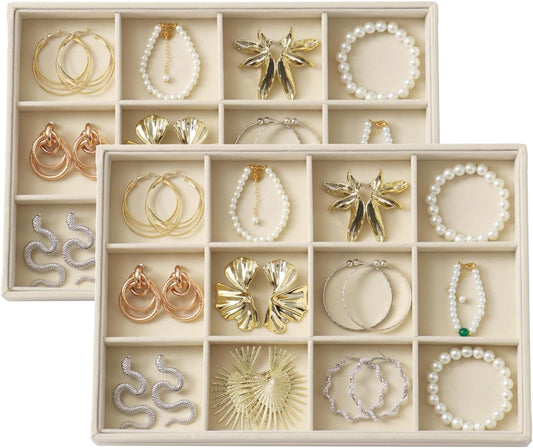 Large Velvet Jewelry Tray 2 Pack Stackable Jewelry Display Drawer Inserts Trays Organizer for Earring Bracelet Necklace Ring (Beige, 12 Grids)