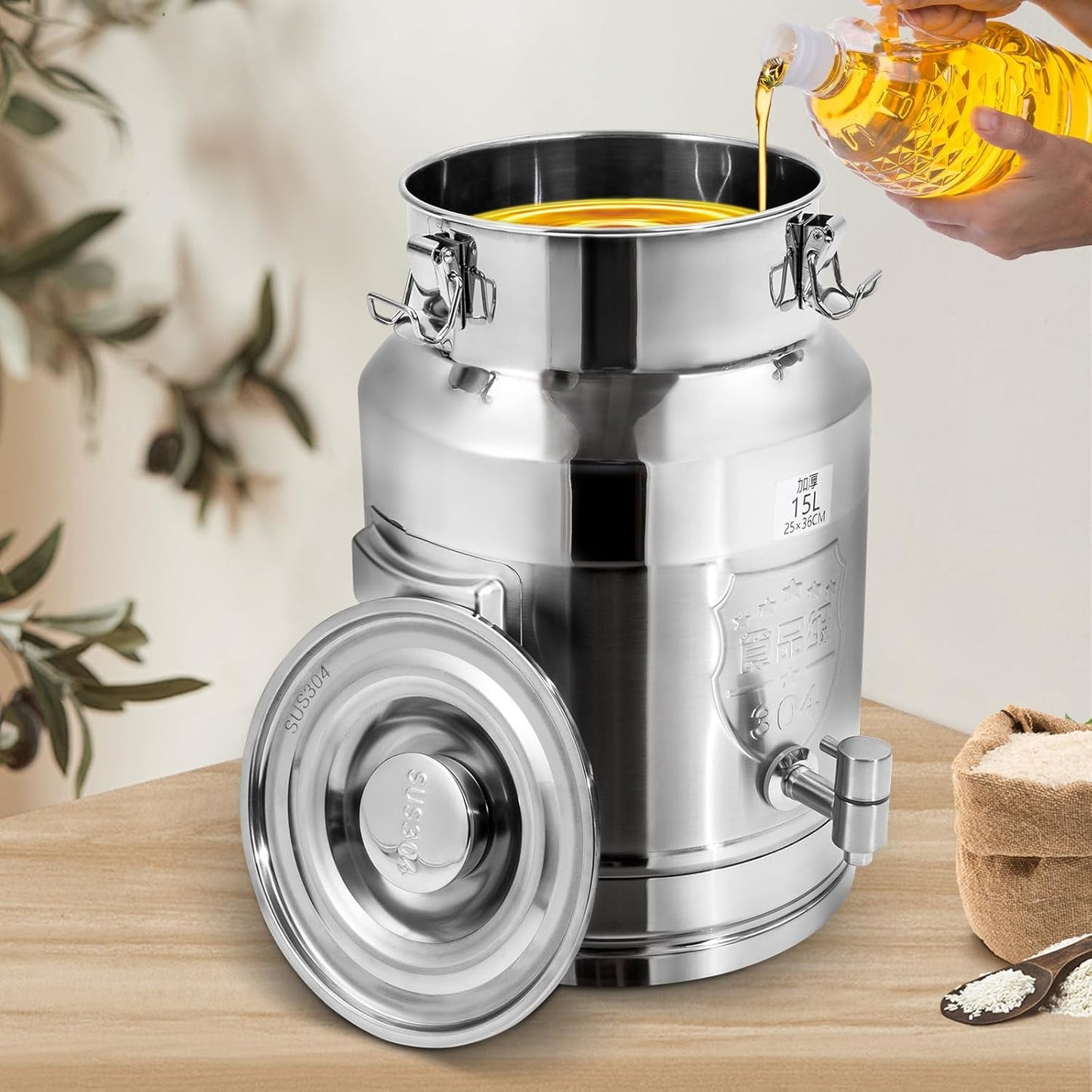 Milk Can Barrel Stainless Steel Beverage Drink Dispenser Large Capacity Storage Bucket Container with Faucet and Handles for Milk Coffee Wine Oil Rice Cereals Water (15L/3.96Gal)