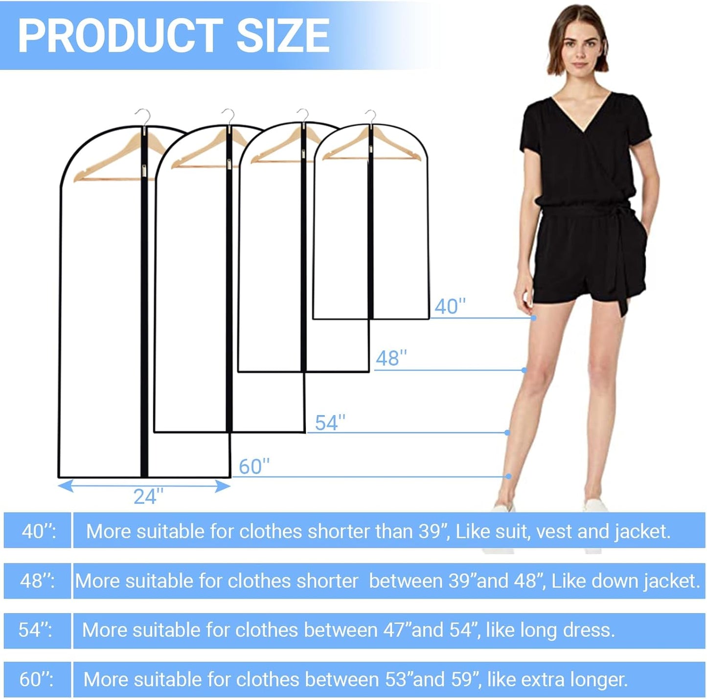 Garment Bags for Hanging Clothes 24'' x 48'' (Set of 12) Coat Covers for Closet Foldable Washable Dress Bags for Hanging Clothes for Long Dress Dance Costumes Suits Gowns Coats