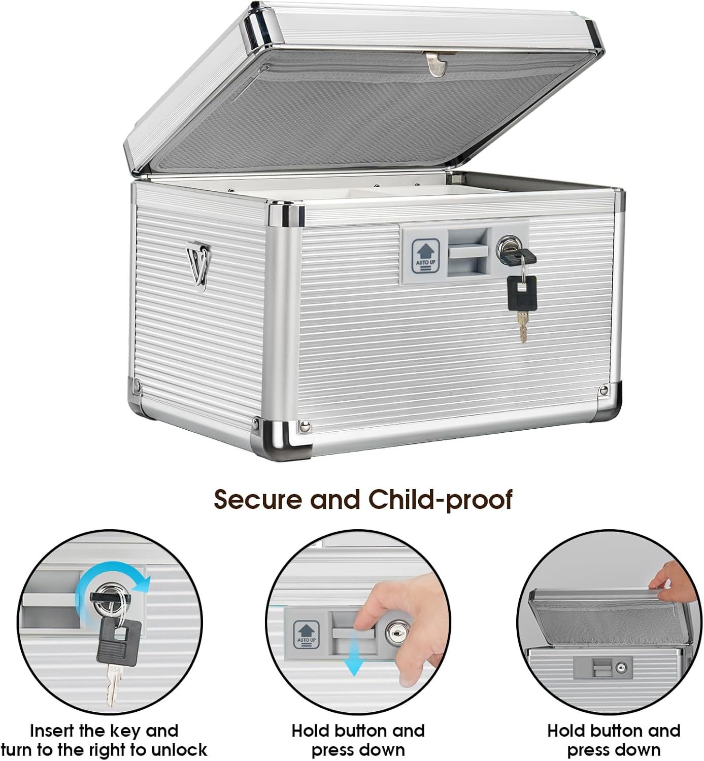 Medicine Lock Box with Key, Alluminum Alloy Box for Medication,First Aid Box with a Removeable Tray to Store Medicines & Pills for Home,Silver 10 * 6.89 * 6.89 Inch
