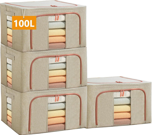 100L Large Storage Bags,Linen Stackable Clothes Storage Bins with Hold Shape Metal Frame,2 Opening Ways Fabric Visible Lidded Foldable Closet Organizers for Seasonal Clothing,Bedding (3, 100L)