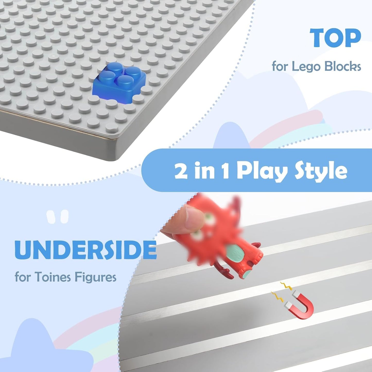 2-in-1 Floating Shelf for Tonies & Lego Display | Magnetic Tonie Holder Holds 30+ Figures | Wall Mount Building Bricks & Storage Organizer | Wooden Shelf for Kid Room