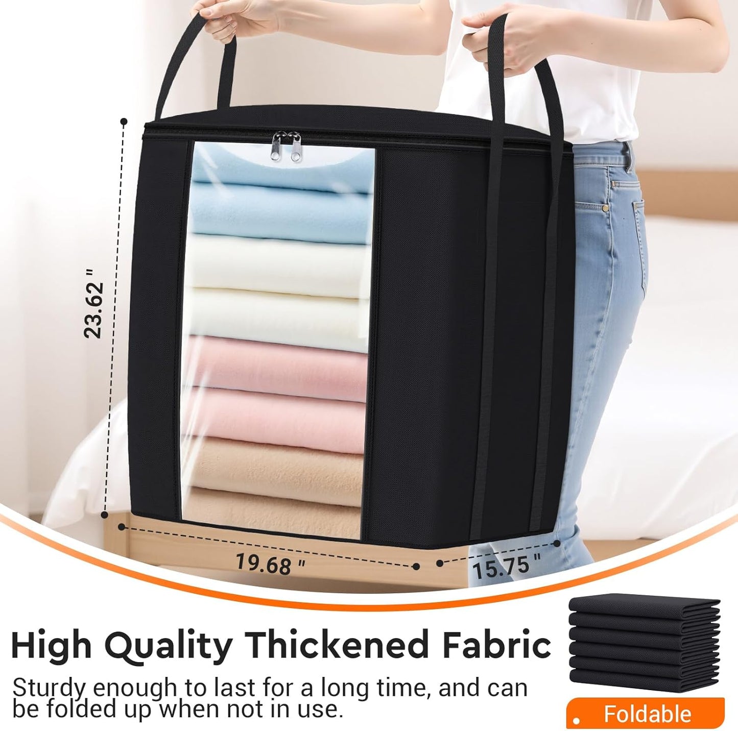 120L Extra Large Clothes Storage Bags, Foldable Blanket Storage and Organization, Thick Fabric Containers with Reinforced Handles & Zippers for Clothing, Comforters, Bedding, Black, 2 Pack