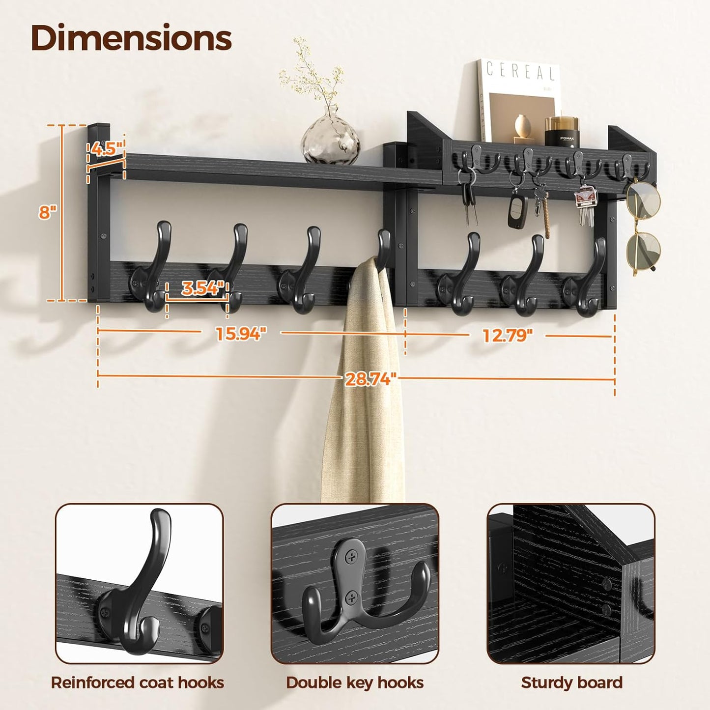 Evermagin 29" Coat Rack Wall Mount with Shelf, 4 in 1 Coat and Key Hanger with 11 Metal Hooks, Entryway Wall Mounted Shelf with Mail Holder for Living Room, Bedroom, Black