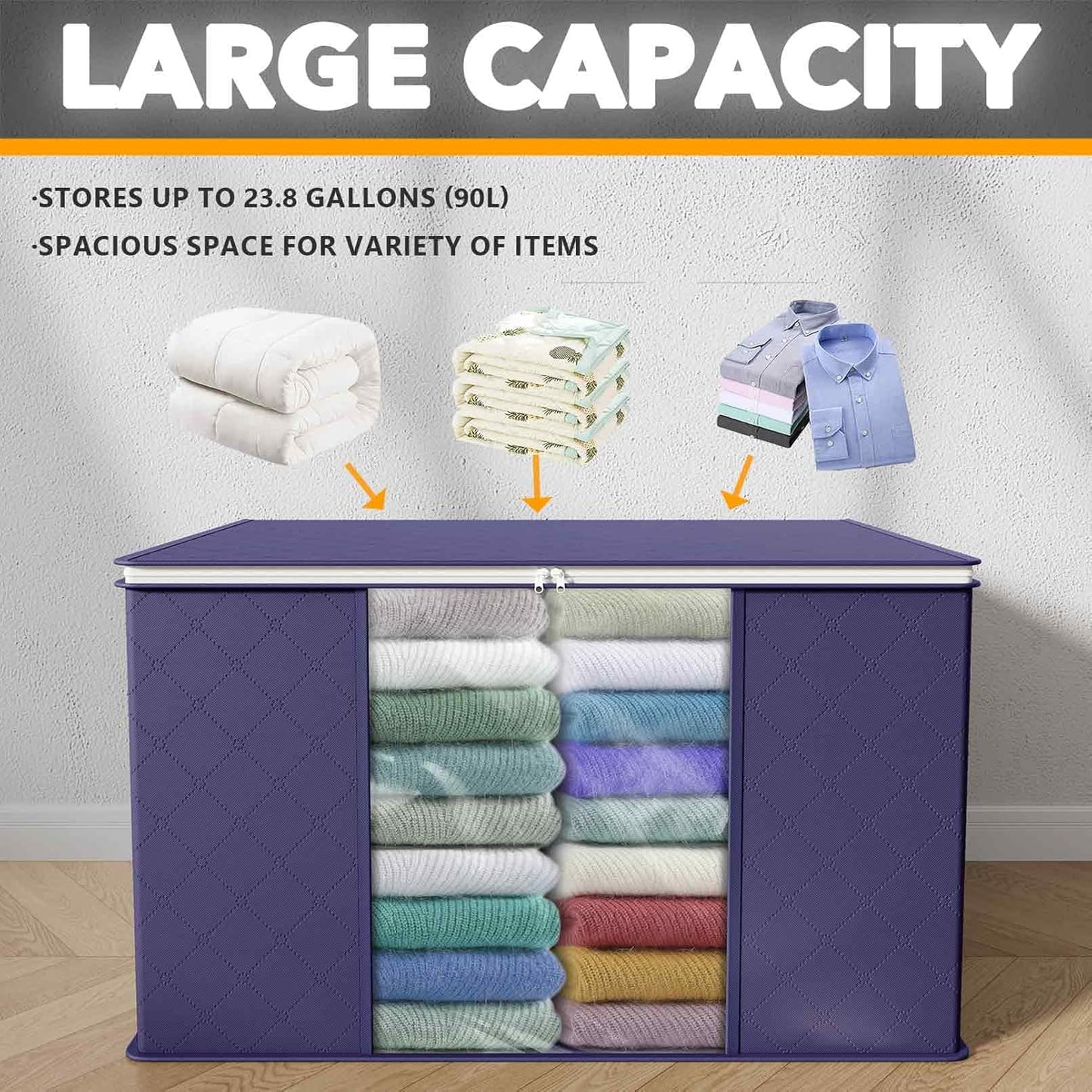 SpaceAid 6 Pack 90L Clothing Storage Bags, Heavy Duty Closet Storage Bins, Extra Large Moving bags, Storage Containers for Clothes, Blankets, Comforters, and Pillows - Blue