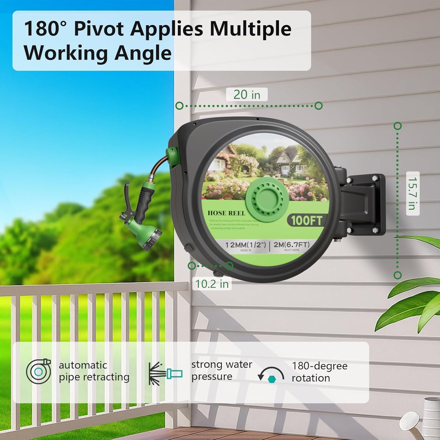 Automatic Retractable Garden Hose Reel 1/2 Inch x 100ft - Heavy Duty Metal Wall Mount with Auto Rewind, Any Length Lock, 10 Pattern Nozzle & UV Protection