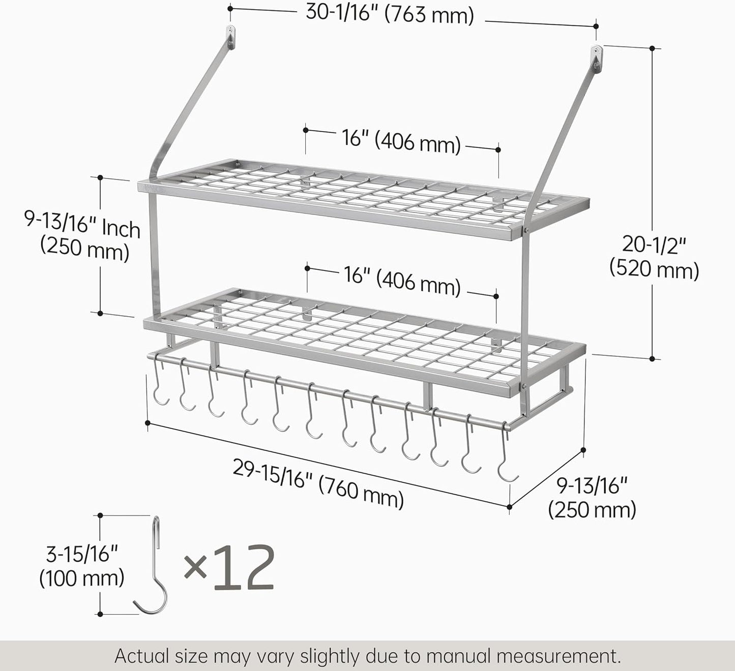 KES 30-Inch Silver Gray Pot Rack Wall Mounted, 2-Tier Hanging Pot and Pan Organizer with 12 Sturdy Hooks, Kitchen Wall Hanger Shelves Modern, KUR215S75B-SG
